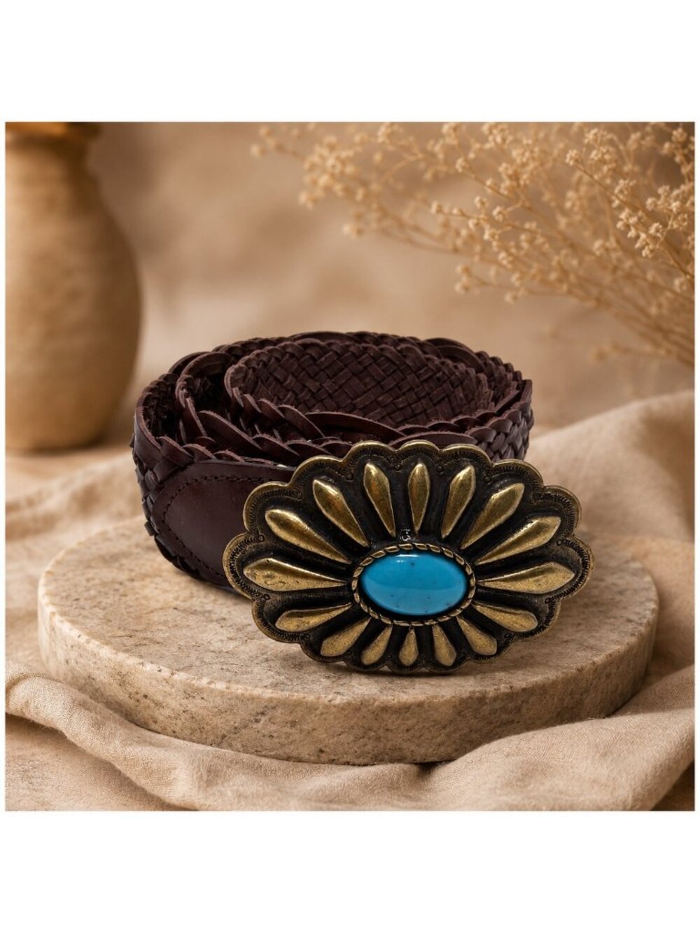 Sézane Carla Belt NWOT Brown Braided Leather Turquoise Concho Western Boho T105